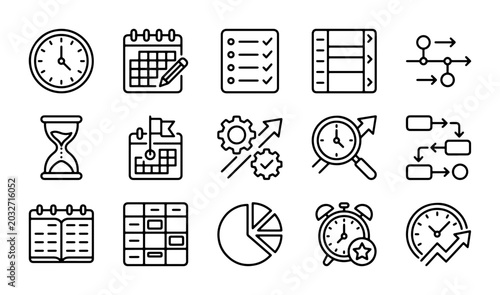 Time Management Icons Set, Planning & Scheduling Vector Graphics, Business Workflow & Strategy Symbols