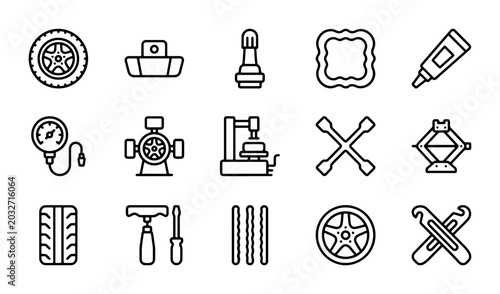Car Tire Repair Kit Icons, Automotive Service Tools, Vehicle Maintenance Vector Set