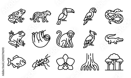 Canvas Print Amazon Rainforest Icons: Tropical Animals, Plants, and Nature Elements Vector Se