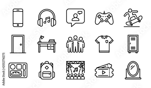 Modern Youth Lifestyle Icons, 15 Vector Elements for Social Media, Gaming, and Education