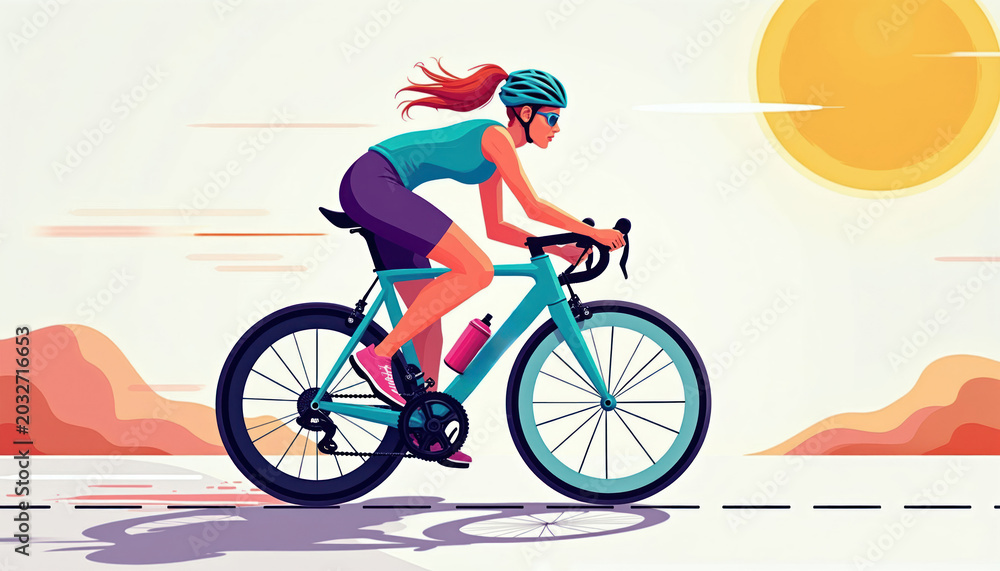Fototapeta premium Fit woman on road bike, wearing helmet and glasses, rides fast. She pedals hard, drinks water, and has ponytail flowing in warm sun. Active lifestyle, training, competition.