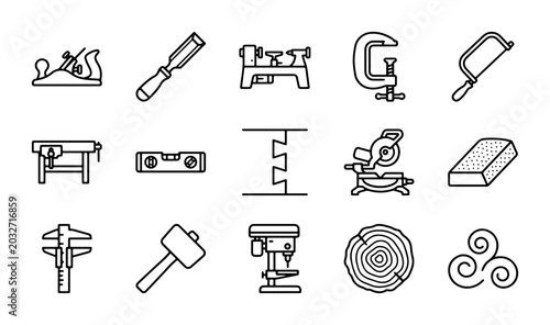 Schilderij op canvas Woodworking Tools Icons Set, Carpentry Equipment Collection, Craftsmanship Vecto