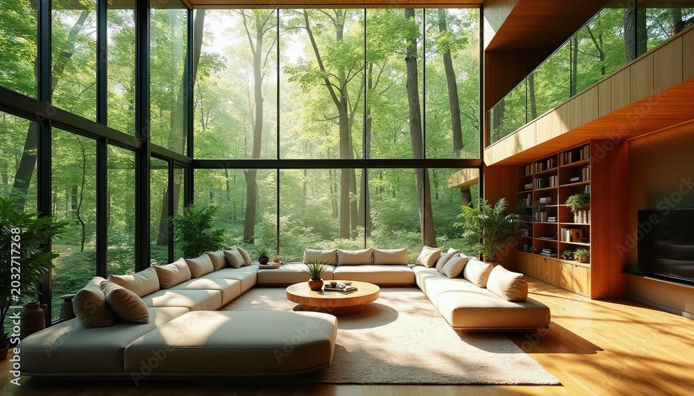 Fototapeta premium Spacious modern living room with floor to ceiling windows overlooking rich green forest. Large sectional sofa, wooden furniture create warm, inviting atmosphere. Natural light floods interior,