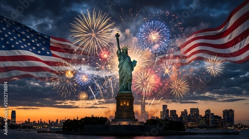 Statue of liberty with american flag and fireworks on 4th of july
