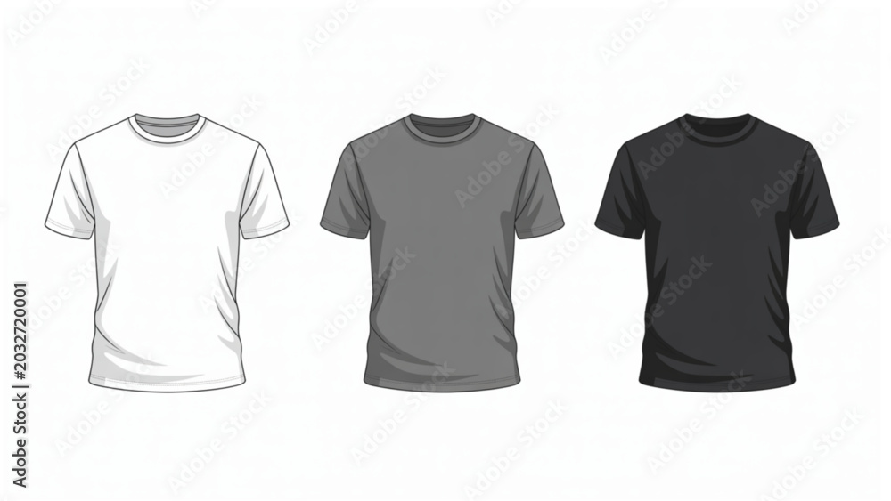 Naklejka premium Realistic Short Sleeve T-Shirt Mockup Set – White, Grey and Black Blank Apparel Template Vector