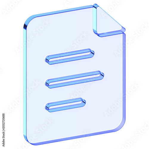 Blue glassmorphism document file icon representing text formatting and page layout, Minimalist translucent sheet symbol with glossy blue gradient for digital content and business report UI
