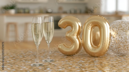 Thirtieth birthday balloons beside champagne glasses