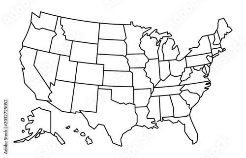 Foto Outline Map of United States: A clean, vector illustration of the continental United States and Alaska, with state borders clearly defined