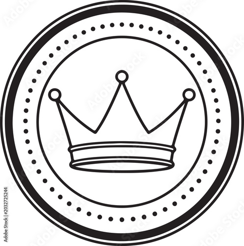 A black and white illustration of a crown in a circular design