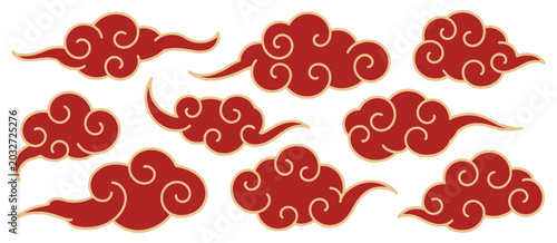 Red Cloud Motif: A collection of traditional East Asian auspicious red cloud patterns. decorative element, cultural symbol, festive design.