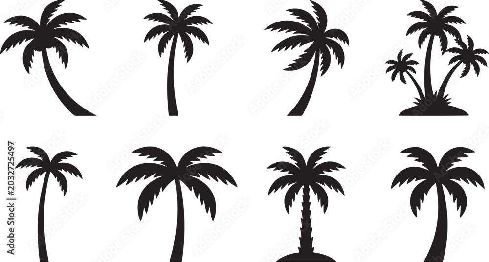 Naklejka premium Diverse black silhouette palm trees on white background