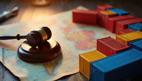 Wooden gavel rests on world map surrounded by colorful shipping containers. Global commerce and trade disputes are represented by these objects. Legal international business is depicted.