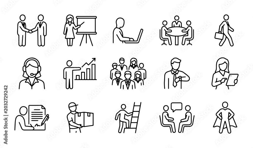 Fototapeta premium Business Icons Set: Meeting, Presentation, Teamwork, Success, Strategy, Professionalism, Vector Graphics