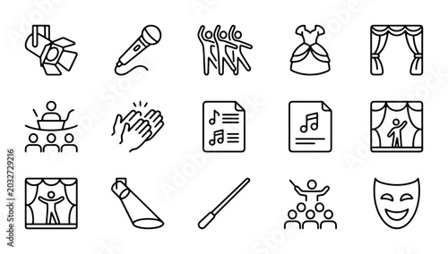 Fényképezés Performance Icons Set: Stage, Music, Dance, Theatre, Spotlight, Microphone, Mask