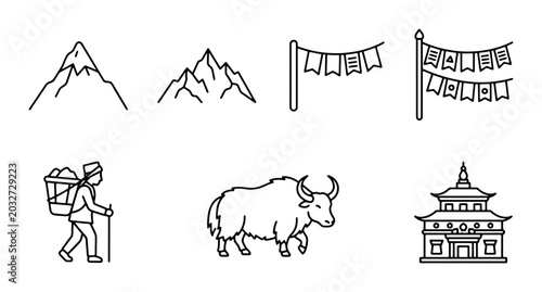 Photos Nepal Travel Icons: Mountains, Prayer Flags, Yak, Trekker, Temple, Outline Graph