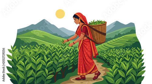 Obraz na płótnie A woman in a traditional red sari harvesting tea leaves in a plantation