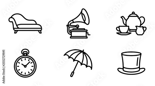 Foto Vintage Icons Collection: Chaise Lounge, Gramophone, Teapot, Pocket Watch, Umbre