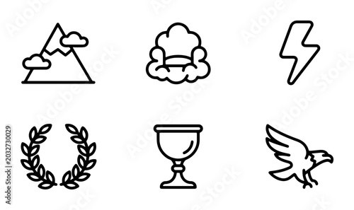 Tableau sur toile Mythological Icons Set: Olympus, Lightning, Laurel Wreath, Chalice, Eagle, Cloud