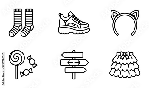 Foto Fashion Accessories Icons: Socks, Sneakers, Cat Ears, Candy, Signpost, Skirt Vec