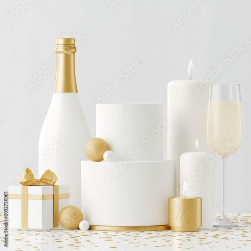 White gold birthday cake with champagne and gifts