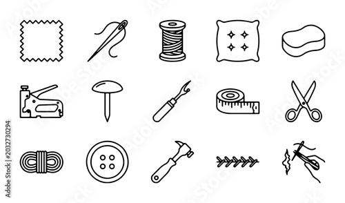 Foto Sewing Icons Set: Needle, Thread, Scissors, Fabric, Button, Measuring Tape, Craf
