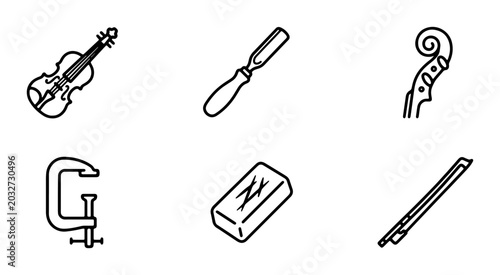 Obraz na płótnie Violin Making Tools Set, String Instrument Crafting Icons, Woodworking Equipment