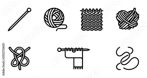 Valokuva Knitting Icons, Yarn Balls, Needles, Craft Supplies, Handmade Hobby Vector Set