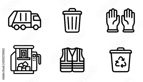 Garbage Truck, Bin, Gloves, Vest, Recycling Icons: Waste Management & Sanitation Vector Set