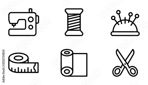 Fotografie Sewing Icons Set: Machine, Spool, Pins, Tape Measure, Fabric Roll, Scissors, Cra