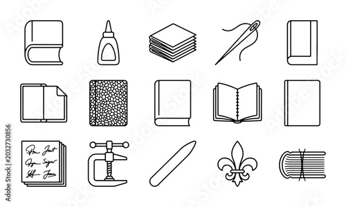 Fotografia Bookbinding Icons Set, Craft Supplies, Paper Tools, Sewing Needle, Glue Bottle,