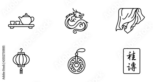 Chinese Cultural Icons: Dragon, Tea Set, Lantern, Coin, Fabric, Mahjong Tile Vector Art