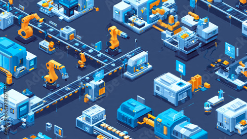 Cuadro en lienzo Futuristic factory automation with robotic arms and conveyor belts in blue and o