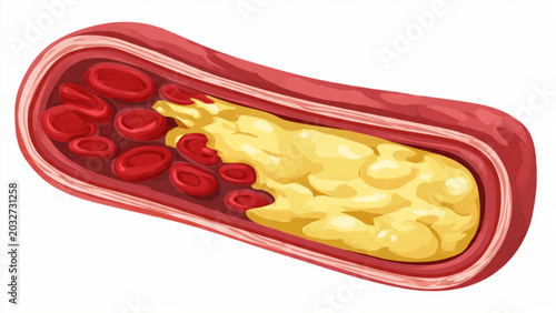 Foto Cross-section of a blood vessel with red blood cells and yellow plaque in vibran