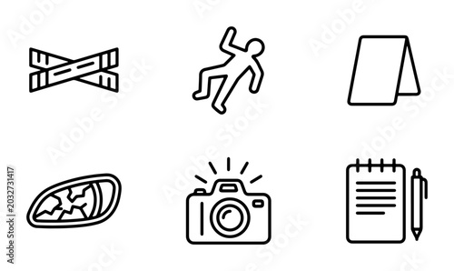 Crime Scene Investigation Icons: Evidence, Photography, Notebook, Body Outline, Marker