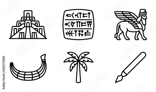 Photos Ancient Mesopotamian Icons: Ziggurat, Cuneiform Tablet, Lamassu, Date Palm, Reed