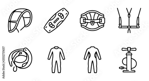 Foto Kitesurfing Gear Icons Set, Water Sports Equipment Vector Collection, Kiteboardi