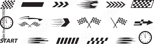 Tableau sur toile Collection of black and white racing themed including checkered flags speed line