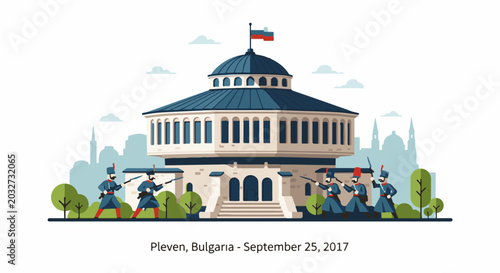 Soldiers in historical uniforms stand guard at a domed building