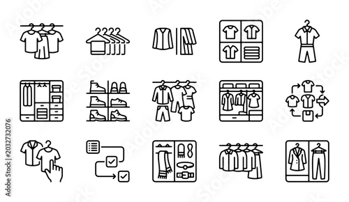 Photos Wardrobe Organization Icons, Clothing Storage Vector Set, Closet Management Grap