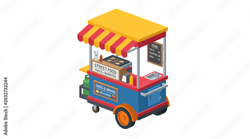Naklejka premium Isometric Street Food Cart with Grill and Menu - 3D Illustration