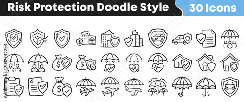 Collection of hand drawn risk protection and insurance doodle icons