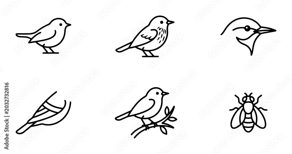 Fototapeta premium Minimalist Bird and Bee Icons, Simple Line Art Wildlife Graphics, Nature Elements Collection
