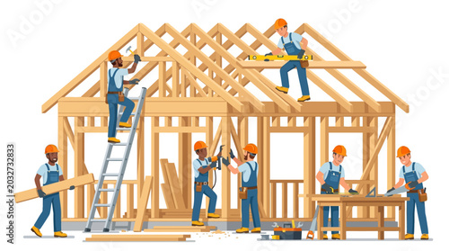 Fényképezés A team of construction workers building a wooden house frame.