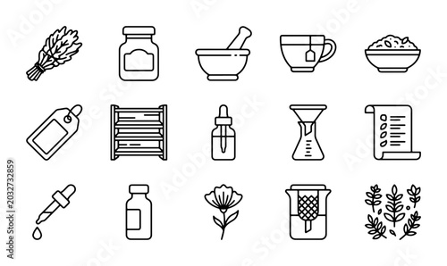 Bild auf Leinwand Herbal Medicine Icons, Apothecary Set, Natural Remedies, Botanical Ingredients,