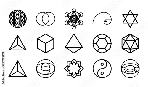 Photos Sacred Geometry Icons Set: Metatron's Cube, Flower of Life, Yin Yang, Platonic S