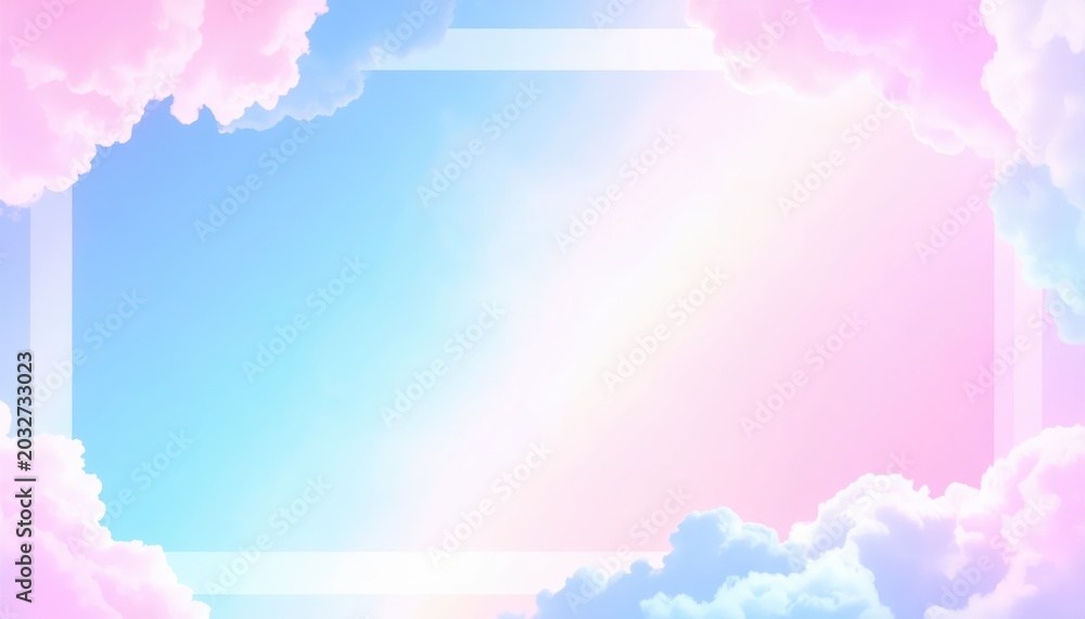 Obraz premium Soft Cloudy Gradient Frame Background with Dreamy Pastel Pink Purple Sky Fluffy Clouds Magic Fairy Tale Border Empty Copy Space Card Template for Cute Aesthetic Girly Banner Poster