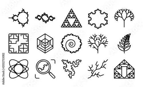 Photography Geometric Fractal Icons Set: Mathematical Patterns, Abstract Shapes, Science & N
