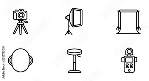 Fotografie Photography Studio Icons Set: Camera, Light, Backdrop, Stool, Light Meter, Head