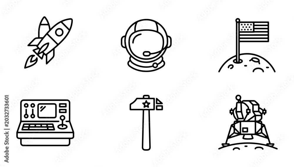 Fototapeta premium Space Exploration Icons: Rocket, Astronaut Helmet, Moon Landing, Control Panel, Lunar Module