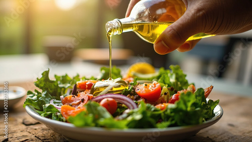 Hand pouring extra virgin olive oil from a glass bottle onto a fresh vegetable salad with cherry tomatoes, lettuce, and onions on a wooden table.
